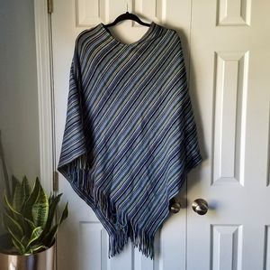 Cejon Striped Blanket Poncho with Fringe